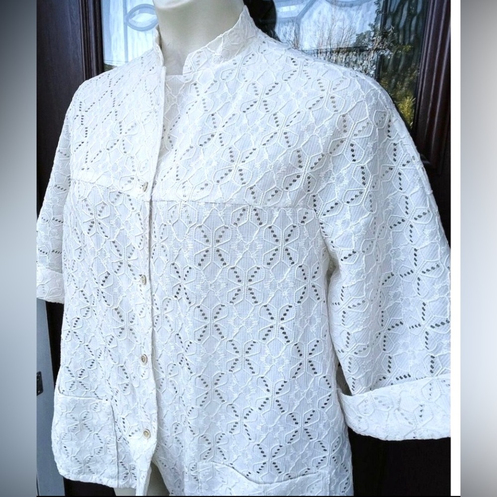Vtg 1970s Little House Creations Cream Eyelet Cutout Lace Jacket Top Women XL